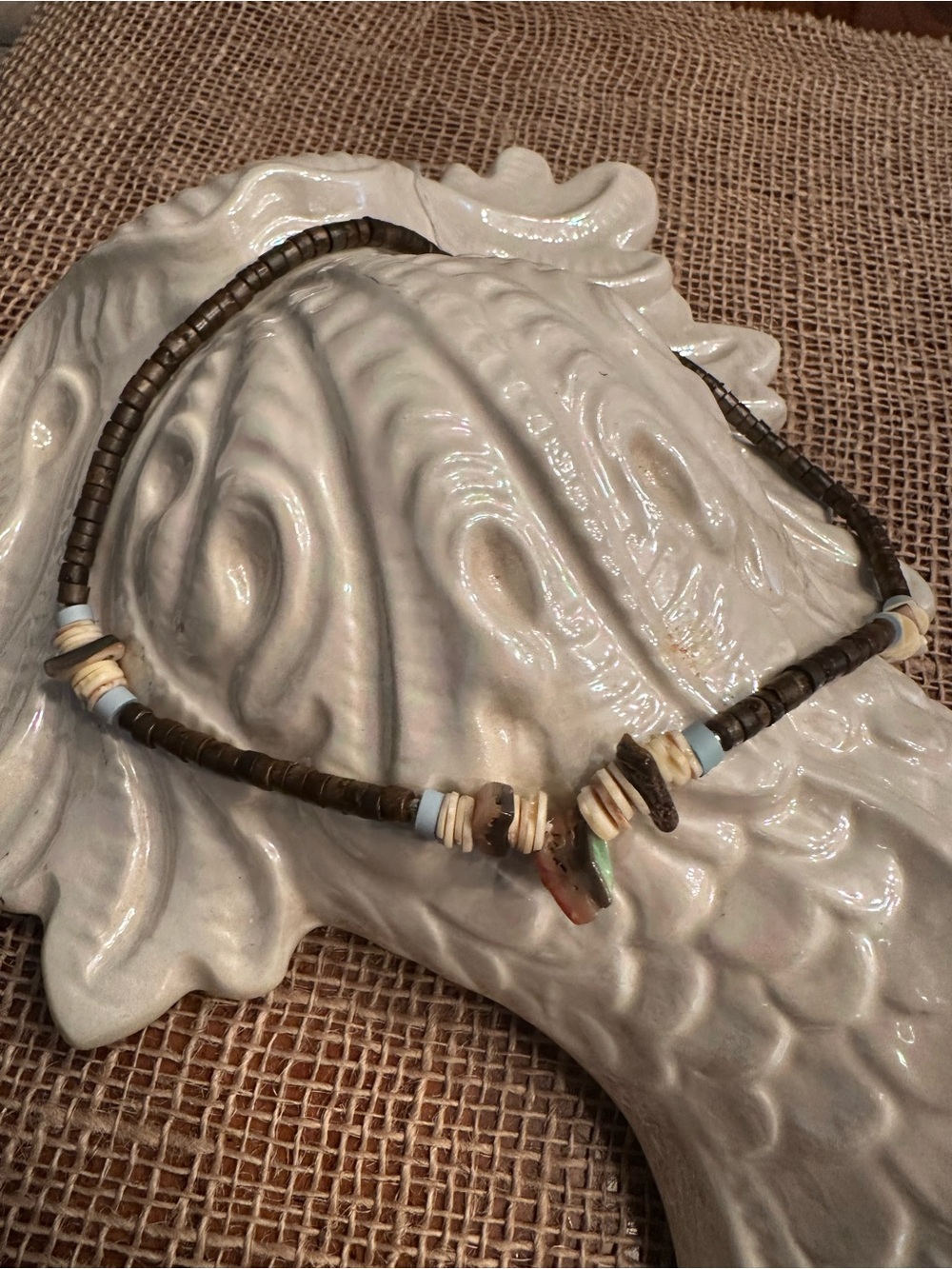 Boho Brown Wood Bead and Shell Necklace with Light Blue Accents